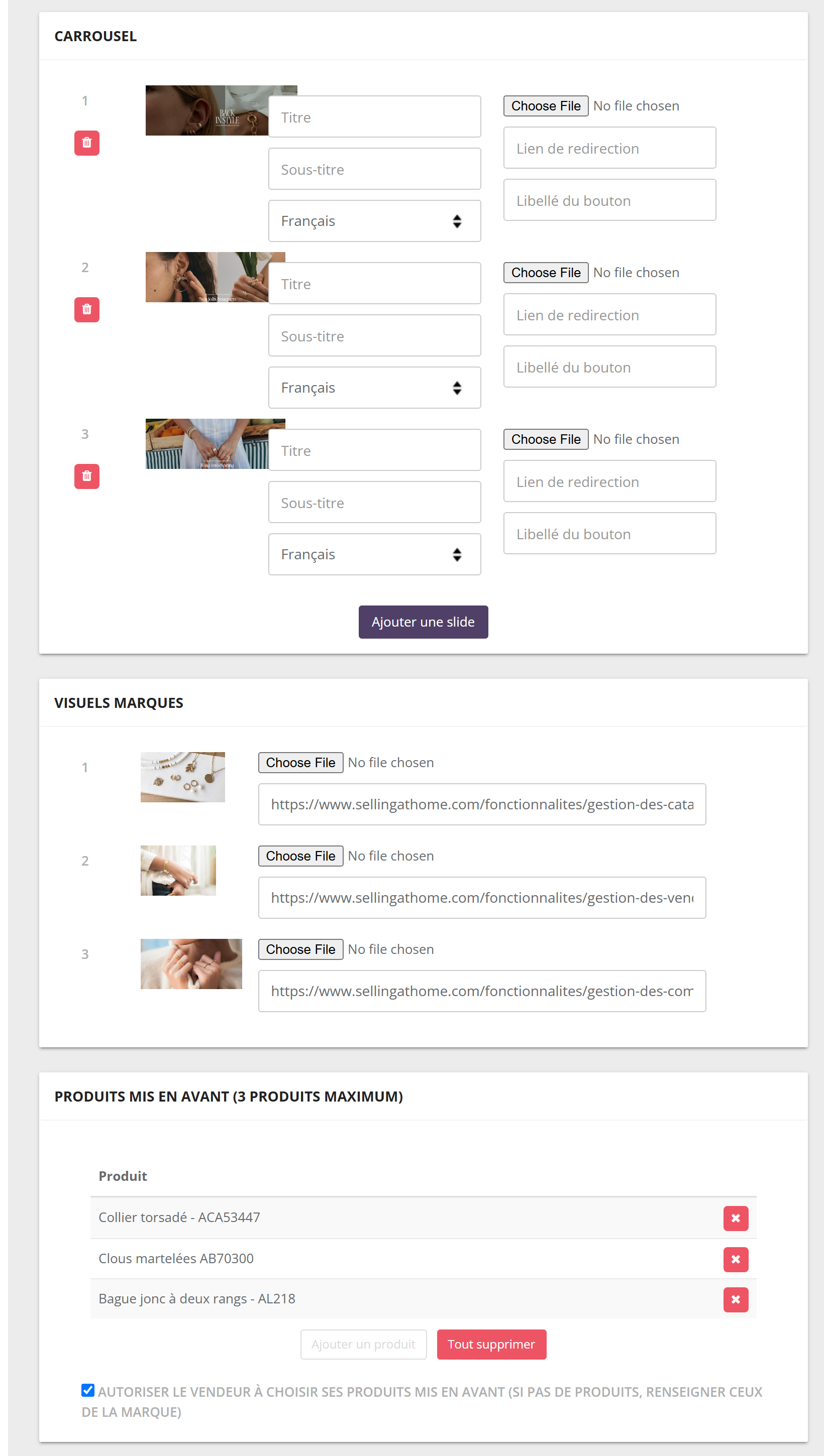 Blocs Carrousel (trois slides avec image, titre, sous-titre, langue, lien de redirection et libellé du bouton, bouton Ajouter une slide), Visuels marques (trois images avec lien) et Produits mis en avant (3 produits maximum) avec la case Autoriser le vendeur à choisir ses produits mis en avant