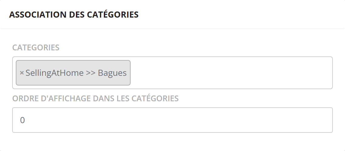 Bloc Association des catégories : champ Categories avec SellingAtHome >> Bagues, champ Ordre d'affichage dans les catégories