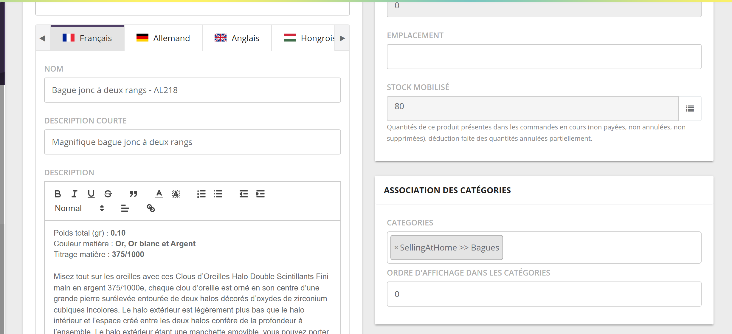 En-tête de la fiche produit : titre Modifier, onglets Infos produit, Attributs, Combinaisons d'attributs, Tarifs, Historique du stock, Conditions d'achat, Paramètres d'approvisionnement, Stock vendeurs ; boutons Dupliquer le produit et Enregistrer les modifications