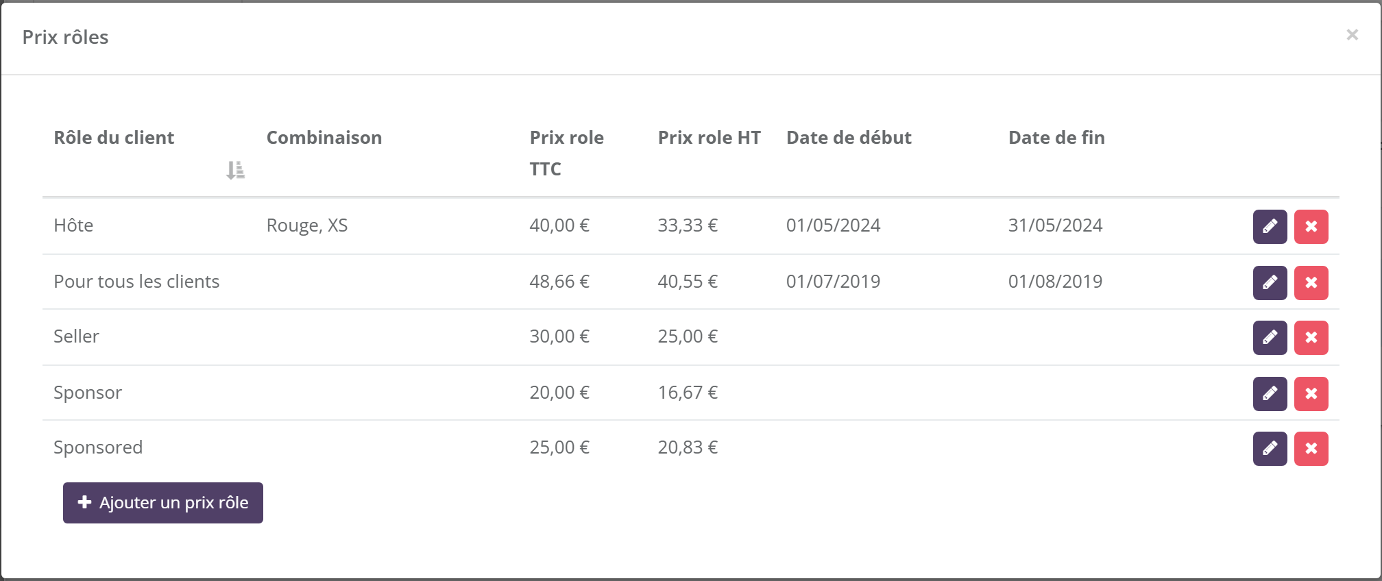 Fenêtre Prix rôles : colonnes Rôle du client, Combinaison, Prix role TTC, Prix role HT, Date de début, Date de fin ; lignes Hôte (combinaison Rouge, XS, 40 €, du 01/05/2024 au 31/05/2024), Pour tous les clients (48,66 €, juillet 2019), Seller 30 €, Sponsor 20 €, Sponsored 25 € ; bouton Ajouter un prix rôle