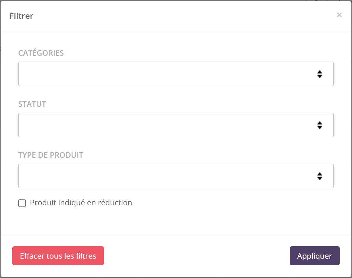 Fenêtre Filtrer : Catégories, Statut, Type de produit, case Produit indiqué en réduction, boutons Effacer tous les filtres et Appliquer