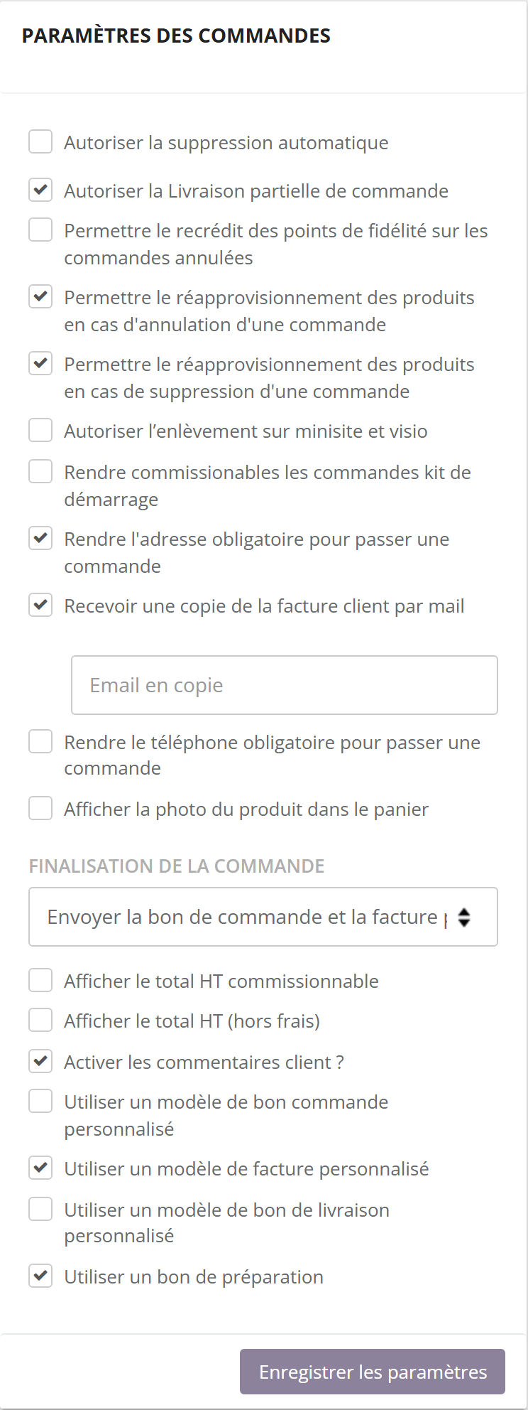 Bloc Paramètres des commandes : cases dont Permettre le réapprovisionnement des produits en cas d'annulation d'une commande et Permettre le réapprovisionnement des produits en cas de suppression d'une commande, cochées