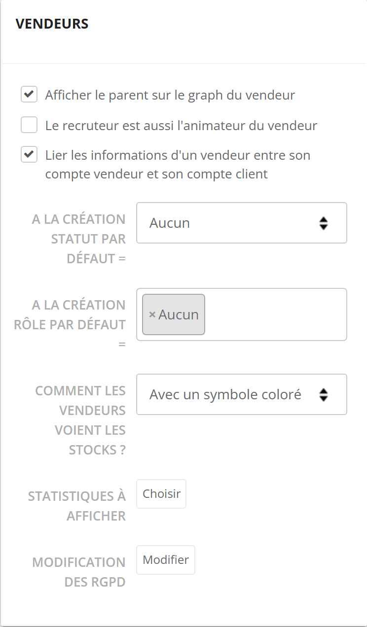 Bloc Vendeurs de la configuration générale, dont la liste Comment les vendeurs voient les stocks ? réglée sur Avec un symbole coloré