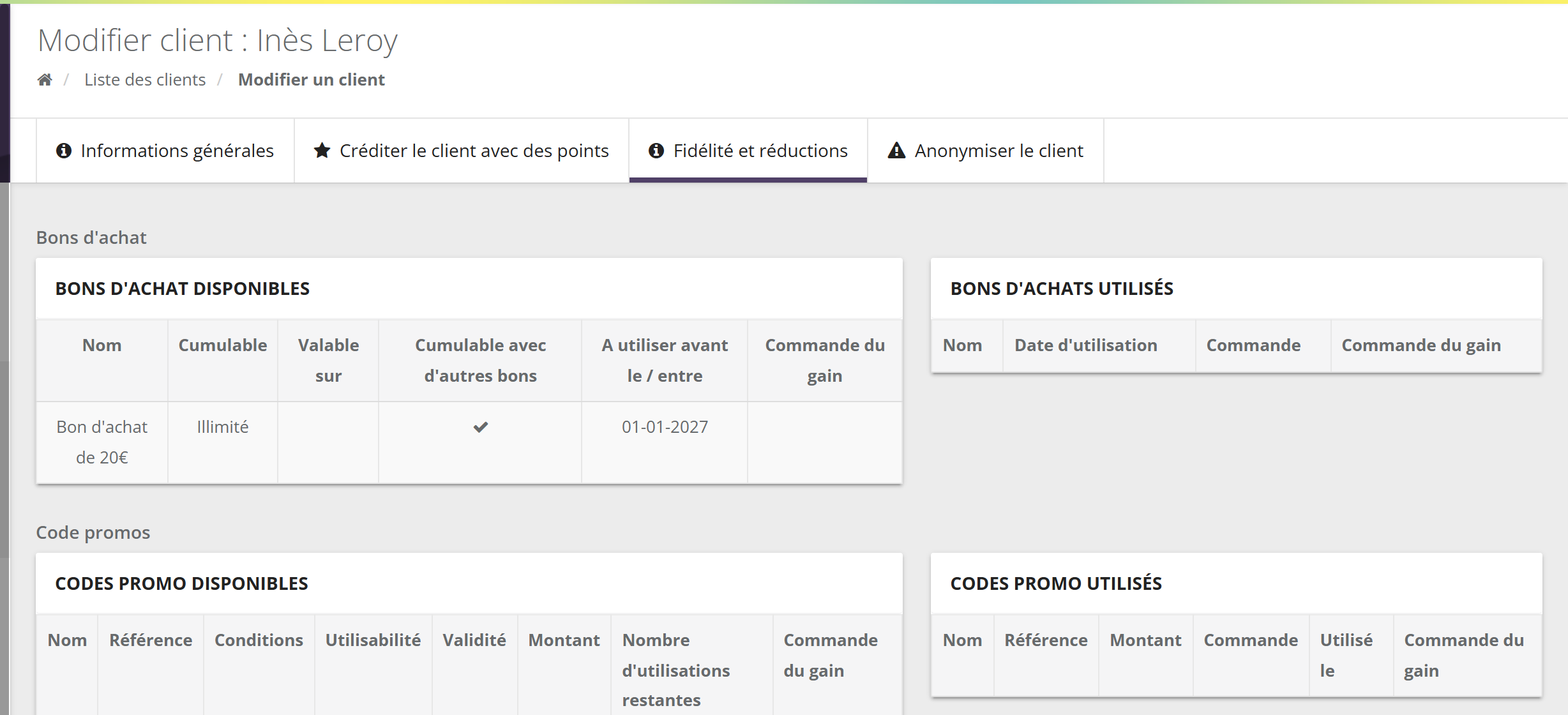Onglet Fidélité et réductions : tableaux Bons d'achat disponibles (nom, cumulable, valable sur, cumulable avec d'autres bons, à utiliser avant le / entre, commande du gain), Bons d'achats utilisés, Codes promo disponibles et Codes promo utilisés