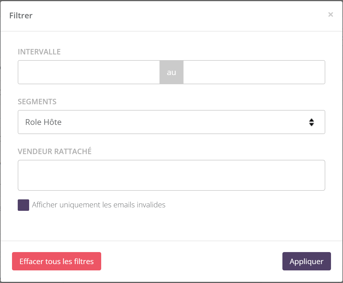 Fenêtre Filtrer de la liste des clients avec le segment Role Hôte choisi dans la liste Segments