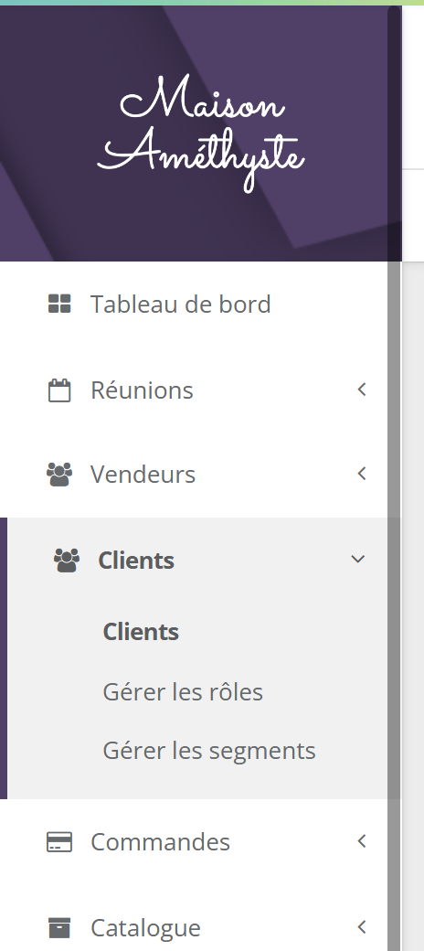 Menu de gauche de l'espace marque, rubrique Clients ouverte : Clients, Gérer les rôles, Gérer les segments