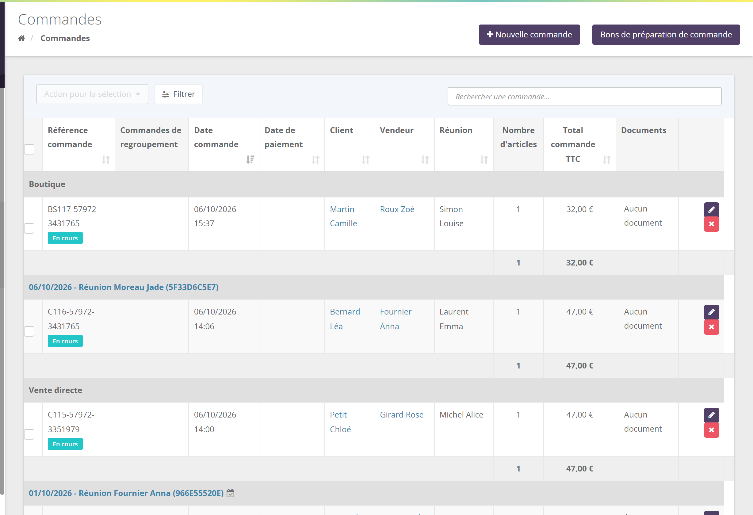 Liste des commandes : boutons Nouvelle commande et Bons de préparation, Action pour la sélection, Filtrer, recherche ; colonnes Référence, Commandes de regroupement, Date commande, Date de paiement, Client, Vendeur, Réunion, Nombre d'articles, Total TTC, Documents ; lignes regroupées par réunion ou par type avec sous-totaux