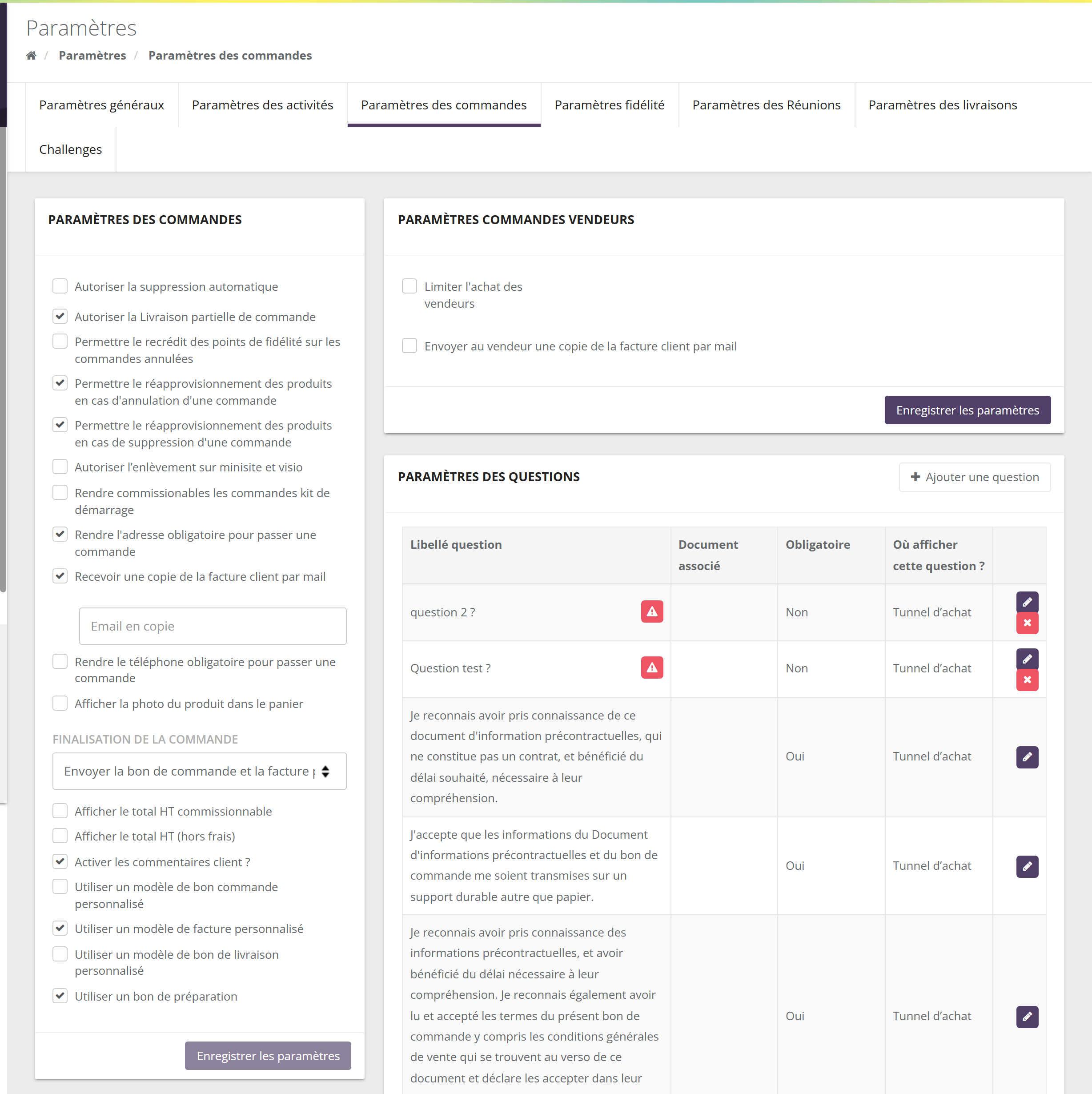 Haut de l'écran Paramètres des commandes : onglets de la configuration générale ; à gauche le bloc Paramètres des commandes avec ses cases à cocher, le champ Email en copie et la liste Finalisation de la commande ; à droite les blocs Paramètres commandes vendeurs et Paramètres des questions