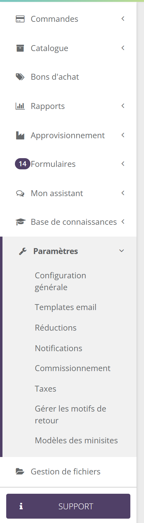 Menu Paramètres de la marque de démonstration : Configuration générale, Templates email, Réductions, Notifications, Commissionnement, Taxes, Gérer les motifs de retour, Modèles des minisites