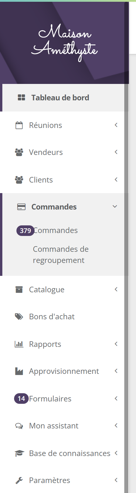 Menu de gauche avec le sous-menu Commandes ouvert : pastille 379 sur Commandes, et pastille 14 sur Formulaires
