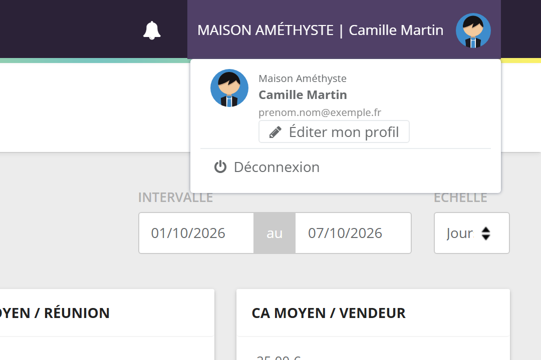 Menu du compte ouvert en haut à droite : nom de la marque, nom de l'utilisateur, email, bouton Éditer mon profil et lien Déconnexion