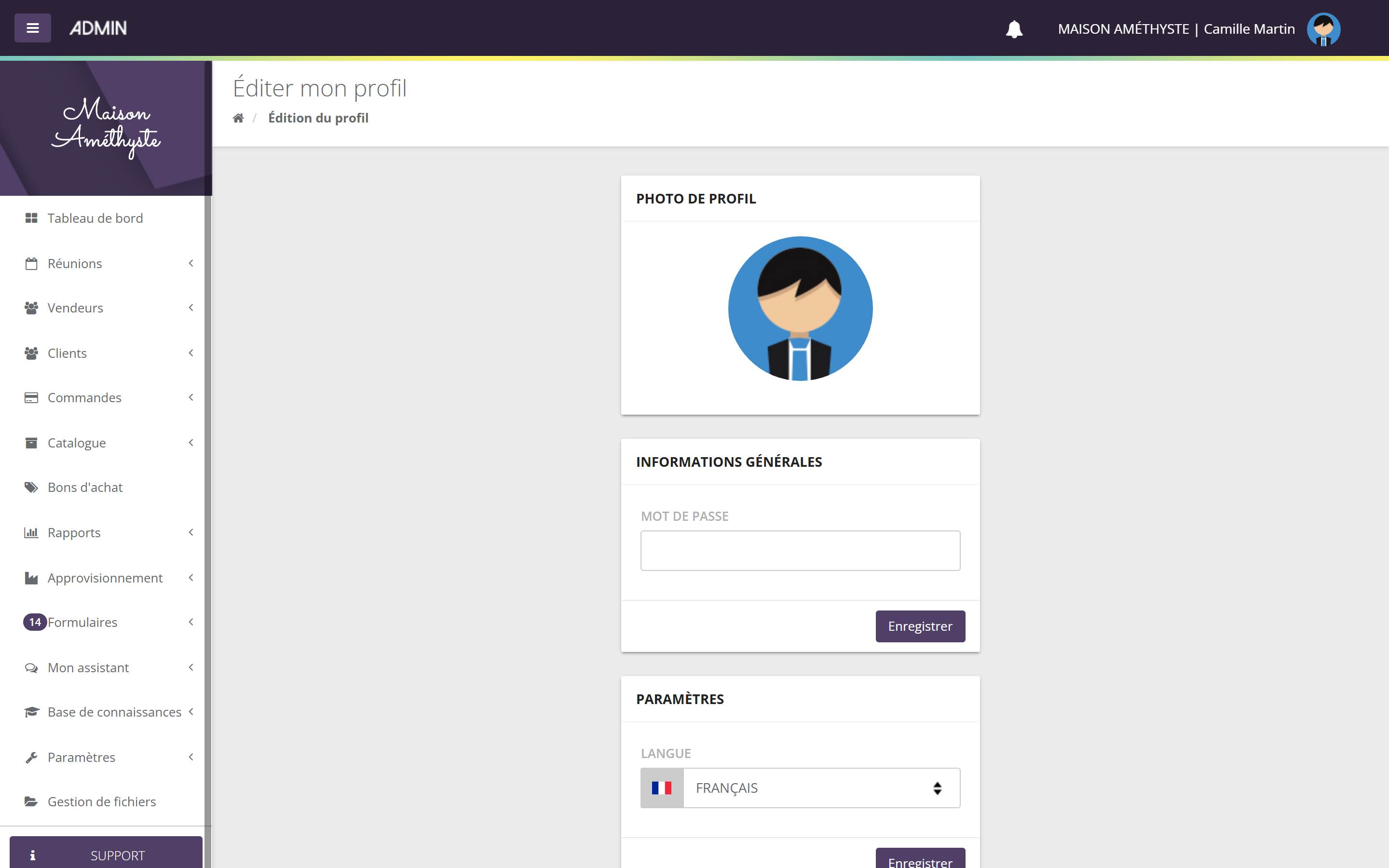Page Éditer mon profil : photo de profil, champ Mot de passe avec bouton Enregistrer, et choix de la langue