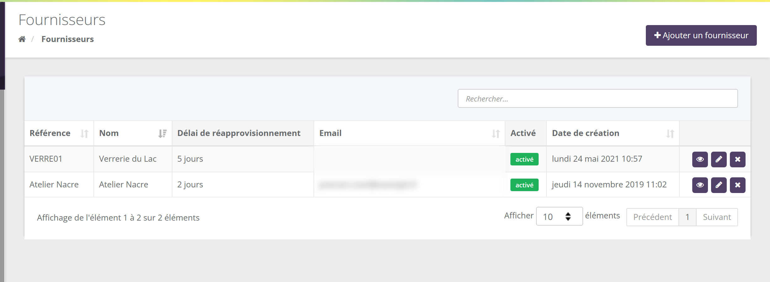 Liste Fournisseurs : bouton Ajouter un fournisseur, recherche, colonnes Référence, Nom, Délai de réapprovisionnement, Email, Activé, Date de création, et boutons voir, modifier, supprimer