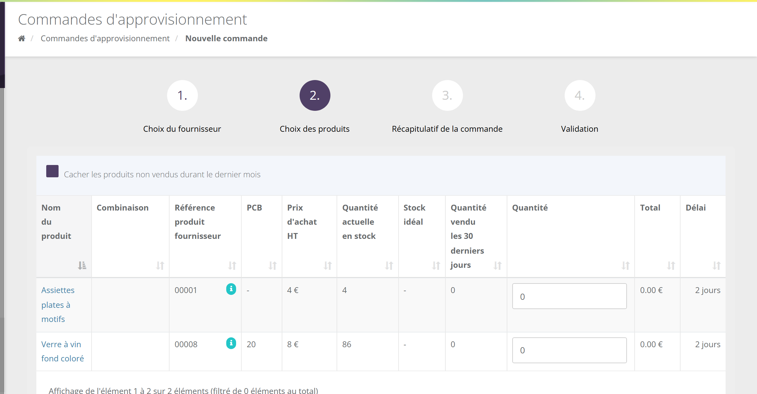 Assistant Nouvelle commande, étape 2 Choix des produits : case Cacher les produits non vendus durant le dernier mois ; colonnes Nom du produit, Combinaison, Référence produit fournisseur, PCB, Prix d'achat HT, Quantité actuelle en stock, Stock idéal, Quantité vendu les 30 derniers jours, Quantité, Total, Délai