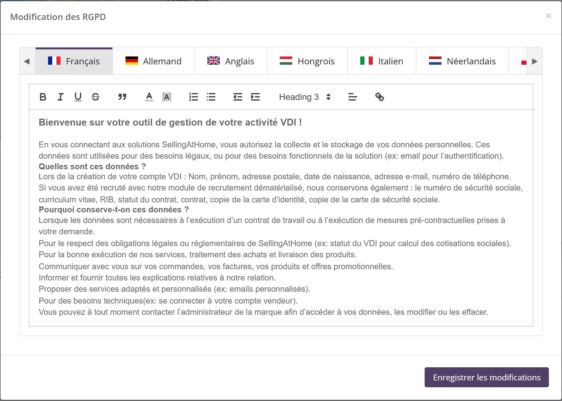 Fenêtre Modification des RGPD : onglets de langues Français, Allemand, Anglais, Hongrois, Italien, Néerlandais…, éditeur de texte contenant le texte par défaut Bienvenue sur votre outil de gestion de votre activité VDI, et bouton Enregistrer les modifications