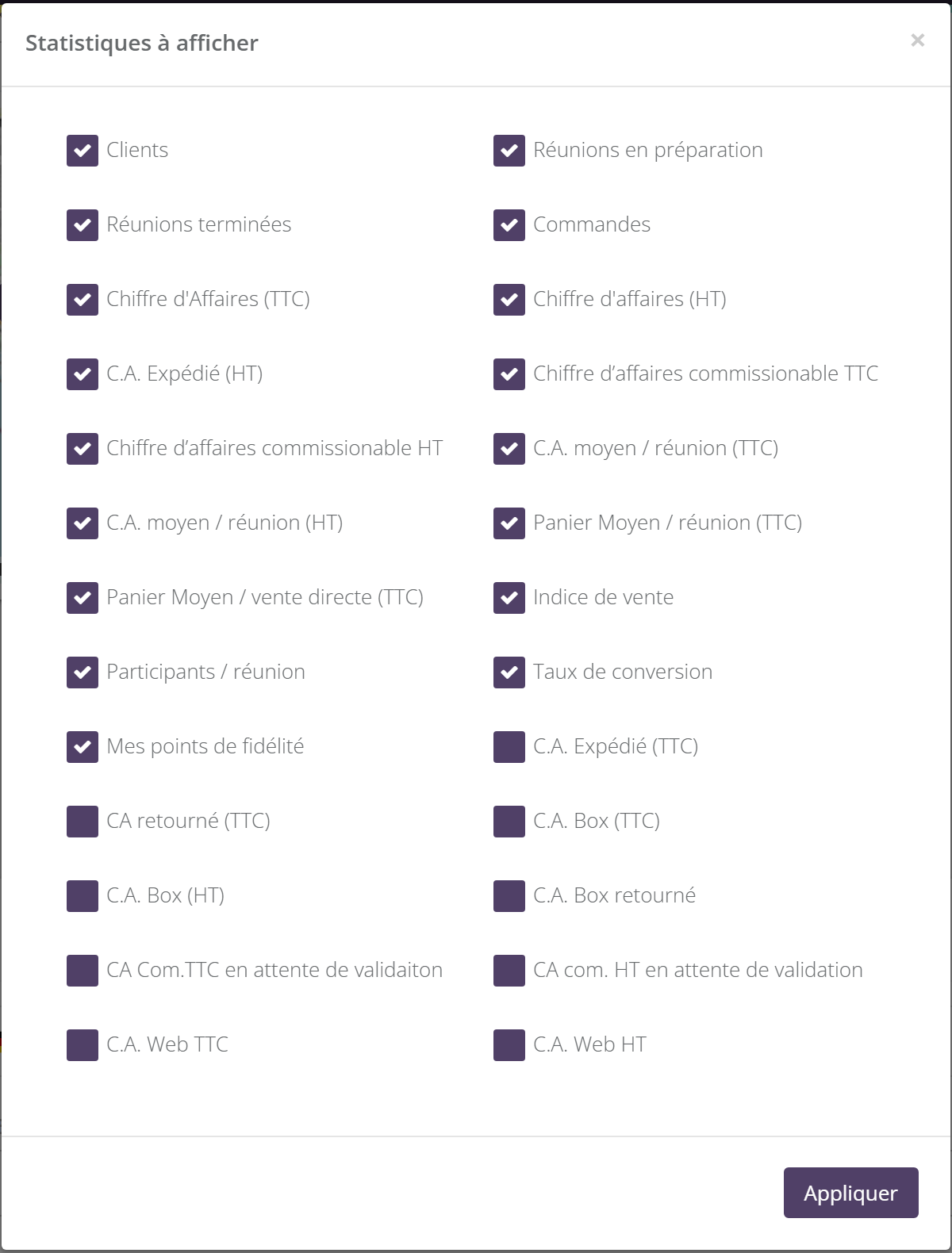 Fenêtre Statistiques à afficher : cases à cocher Clients, Réunions en préparation, Réunions terminées, Commandes, Chiffre d'Affaires TTC et HT, C.A. Expédié, Chiffre d'affaires commissionable, C.A. moyen par réunion, Panier moyen, Indice de vente, Participants par réunion, Taux de conversion, Mes points de fidélité, C.A. Box, C.A. Web… et bouton Appliquer