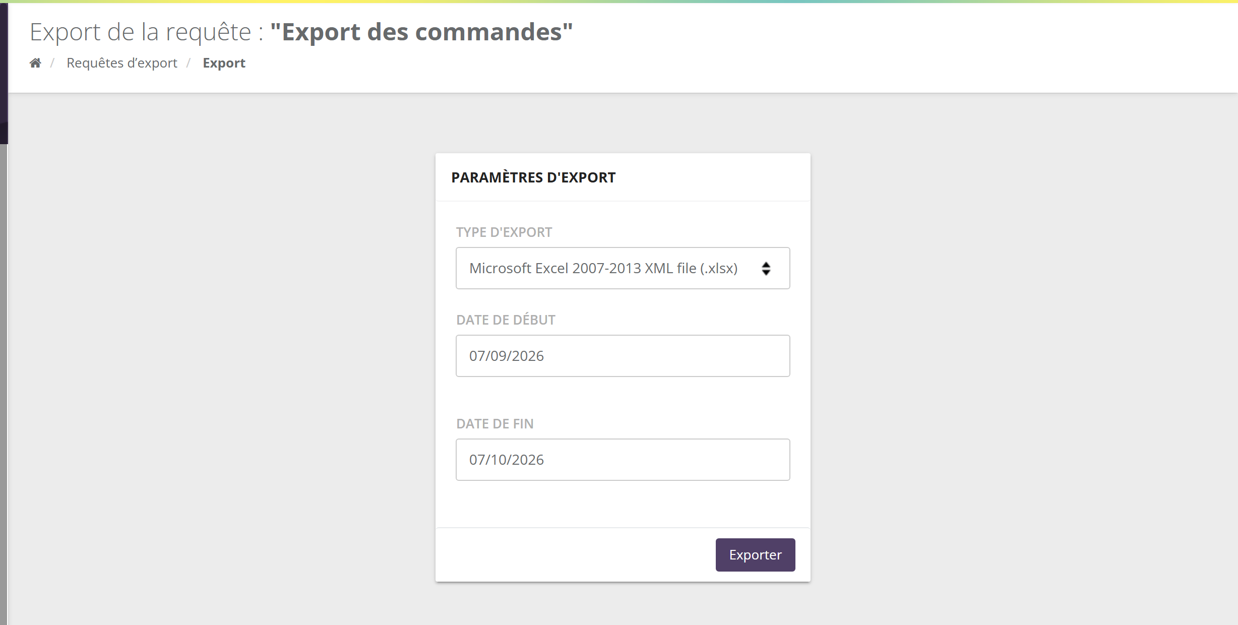 Page Export de la requête Export des commandes : bloc Paramètres d'export avec Type d'export (Microsoft Excel .xlsx), Date de début, Date de fin et bouton Exporter