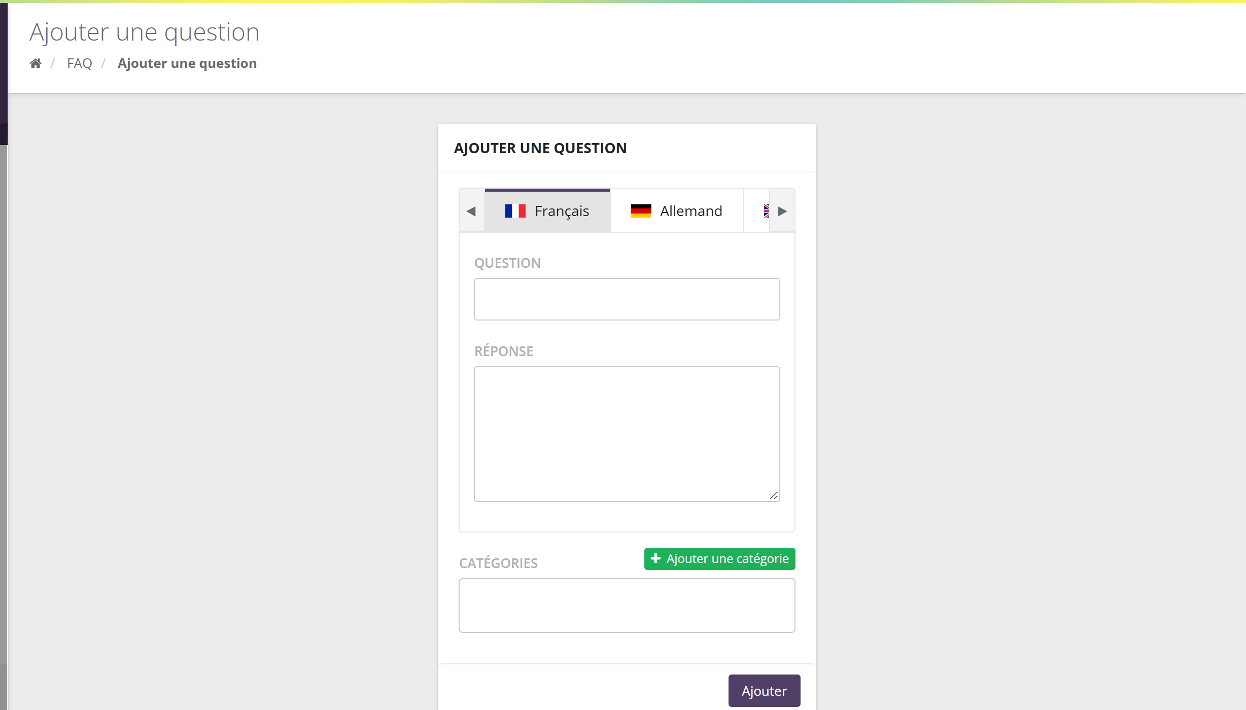 Formulaire Ajouter une question : onglets de langue, champs Question et Réponse, Catégories avec bouton Ajouter une catégorie, bouton Ajouter