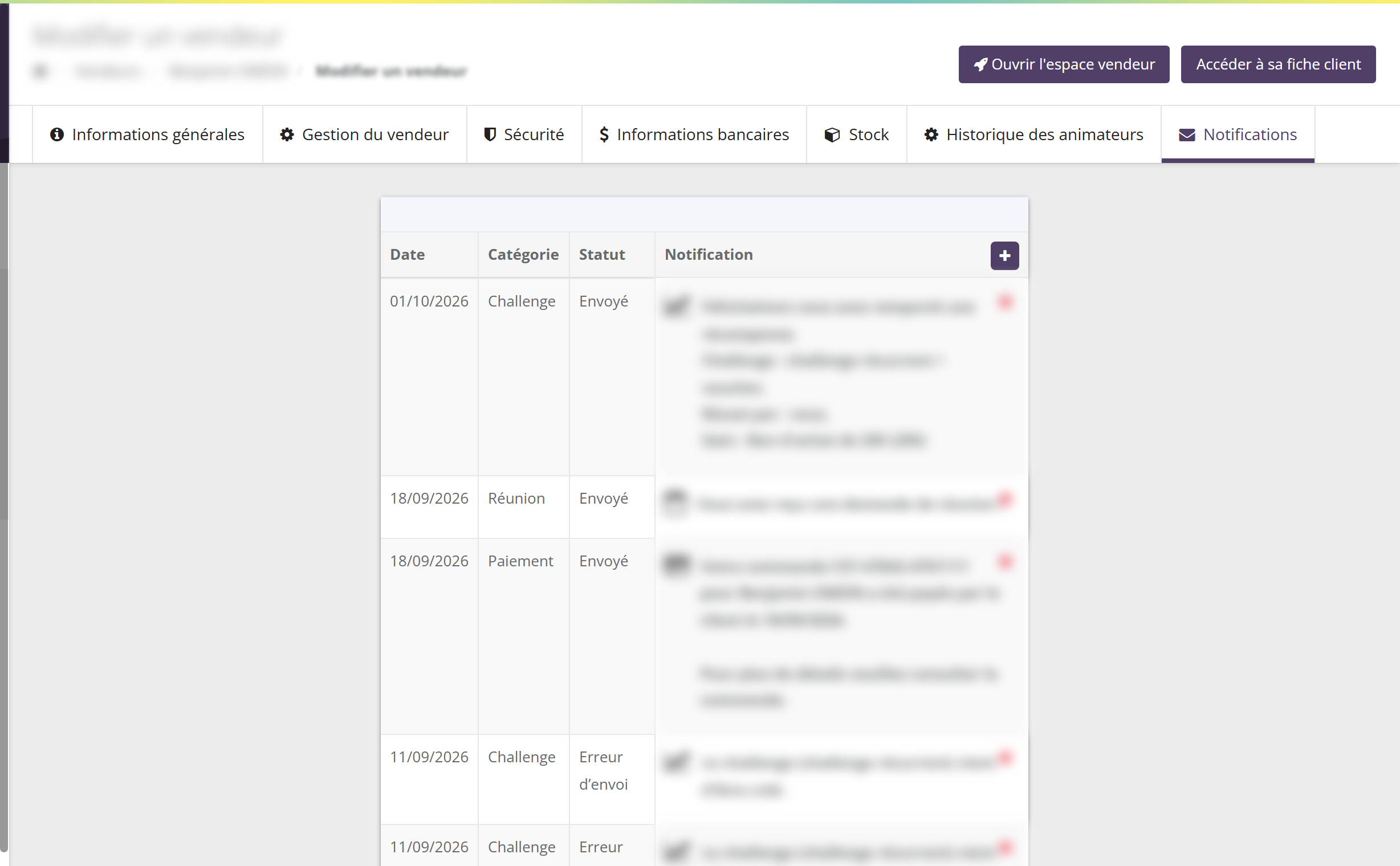 Fiche d'une conseillère, onglet Notifications : tableau Date, Catégorie, Statut (Envoyé, Erreur d'envoi) et Notification, avec un bouton plus pour en ajouter une ; textes des notifications floutés