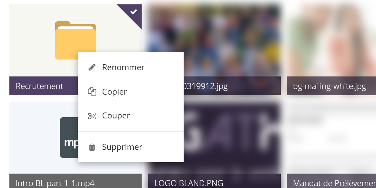 Menu contextuel ouvert sur un dossier : Renommer, Copier, Couper, Supprimer