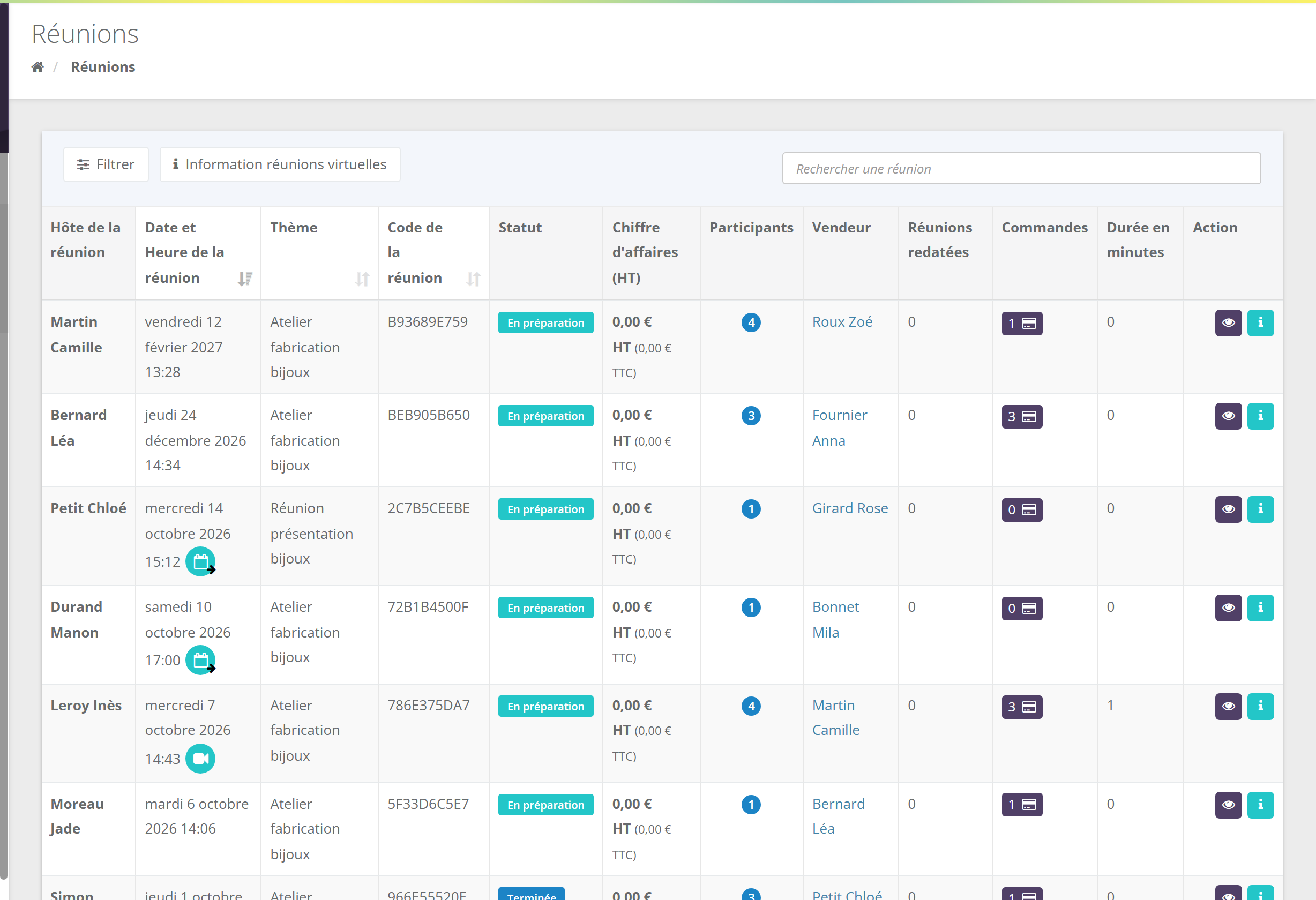 Liste des réunions : boutons Filtrer et Information réunions virtuelles, recherche ; colonnes Hôte, Date et heure, Thème, Code, Statut, Chiffre d'affaires HT, Participants, Vendeur, Réunions redatées, Commandes, Durée en minutes, Action