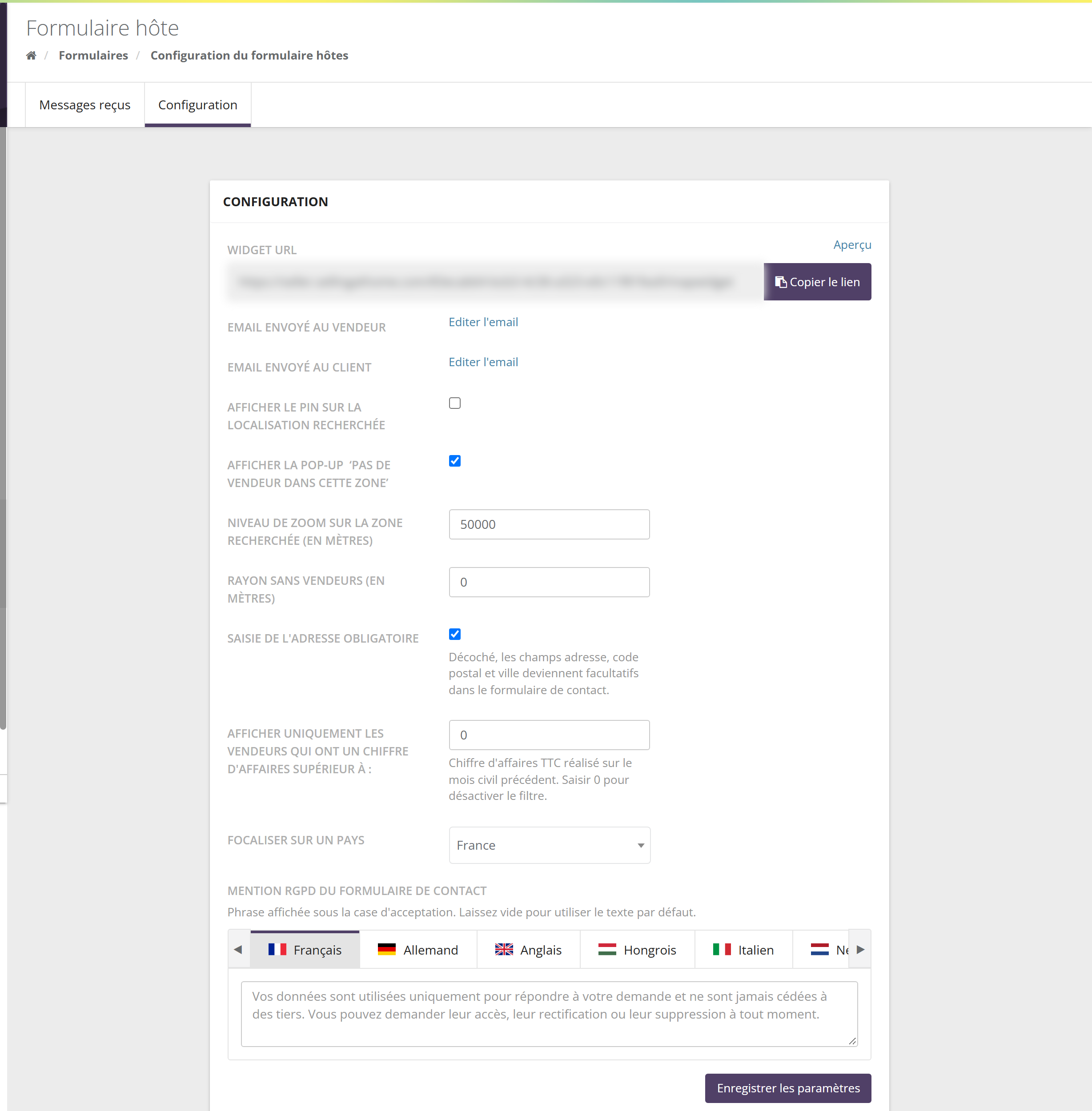Onglet Configuration de la carte : Widget URL avec Aperçu et Copier le lien, liens Editer l'email pour l'email envoyé au vendeur et au client, cases Afficher le pin sur la localisation recherchée et Afficher la pop-up pas de vendeur dans cette zone, Niveau de zoom en mètres, Rayon sans vendeurs, Saisie de l'adresse obligatoire, chiffre d'affaires minimum, Focaliser sur un pays, Mention RGPD par langue