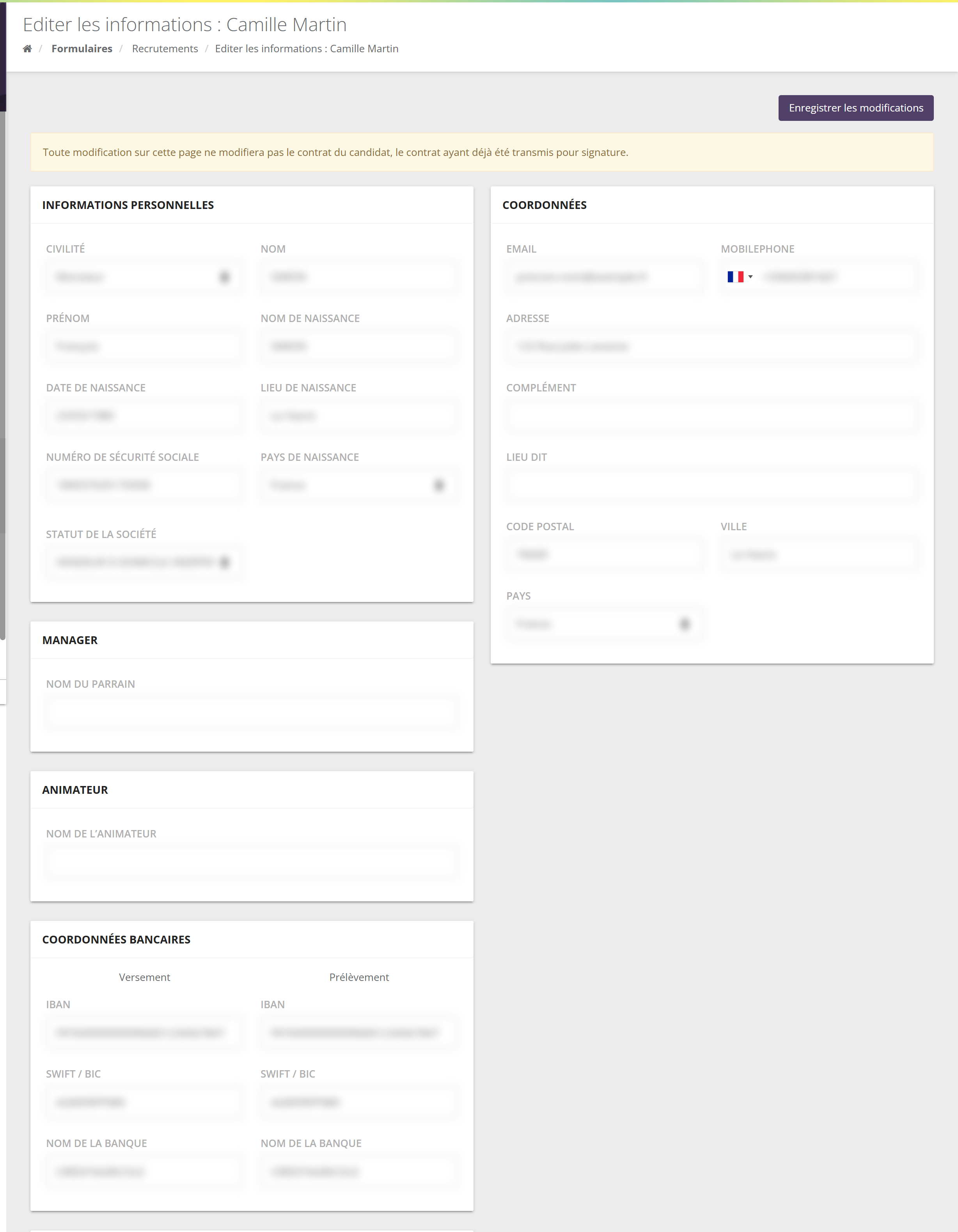 Page Editer les informations : bandeau d'avertissement sur le contrat déjà transmis, blocs Informations personnelles, Manager avec Nom du parrain, Animateur, Coordonnées bancaires Versement et Prélèvement, Documents, Coordonnées ; toutes les valeurs floutées