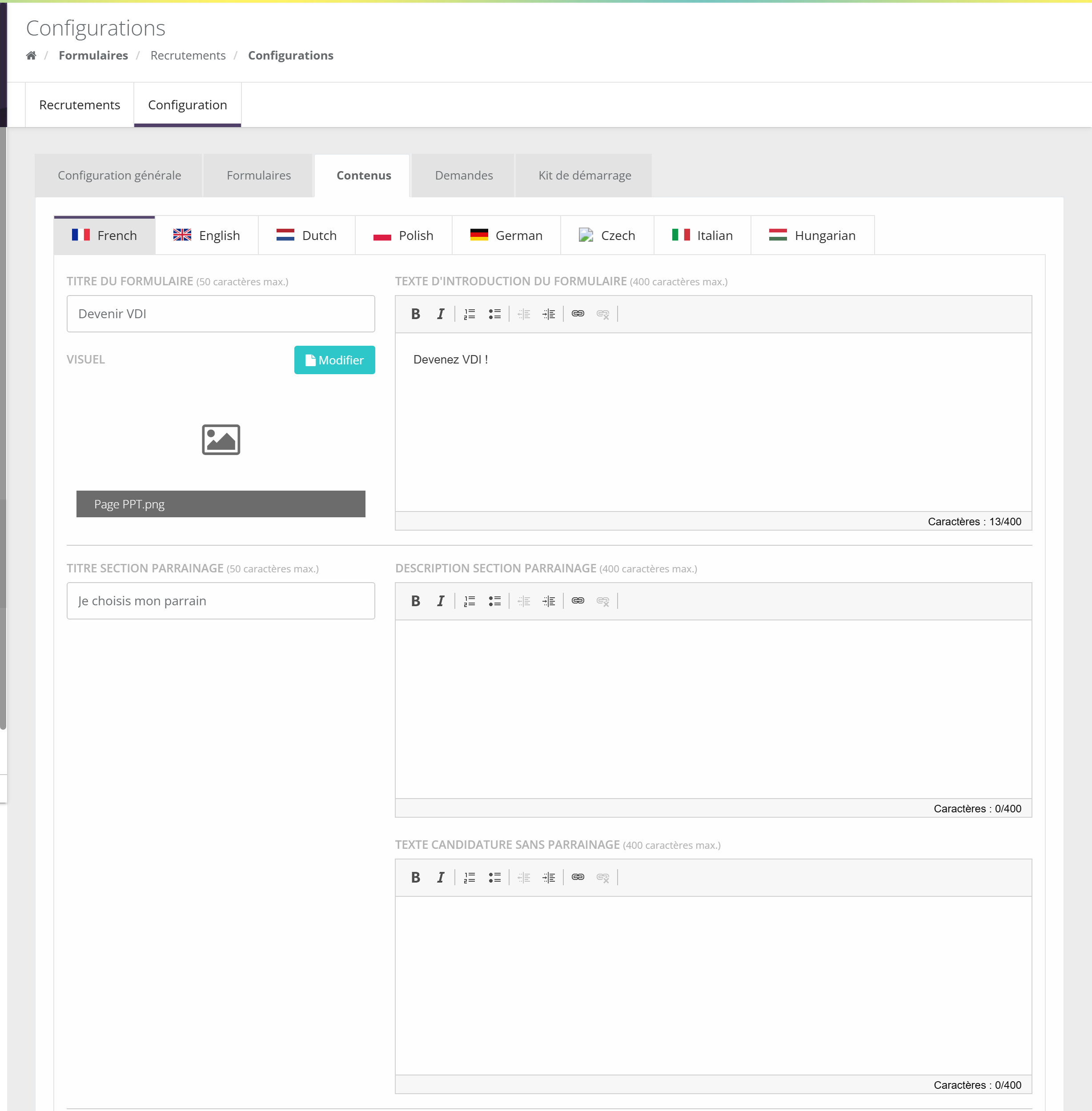 Onglet Contenus : un onglet par langue, champs Titre du formulaire, Visuel, Texte d'introduction du formulaire, Titre section parrainage, Description section parrainage, Texte candidature sans parrainage