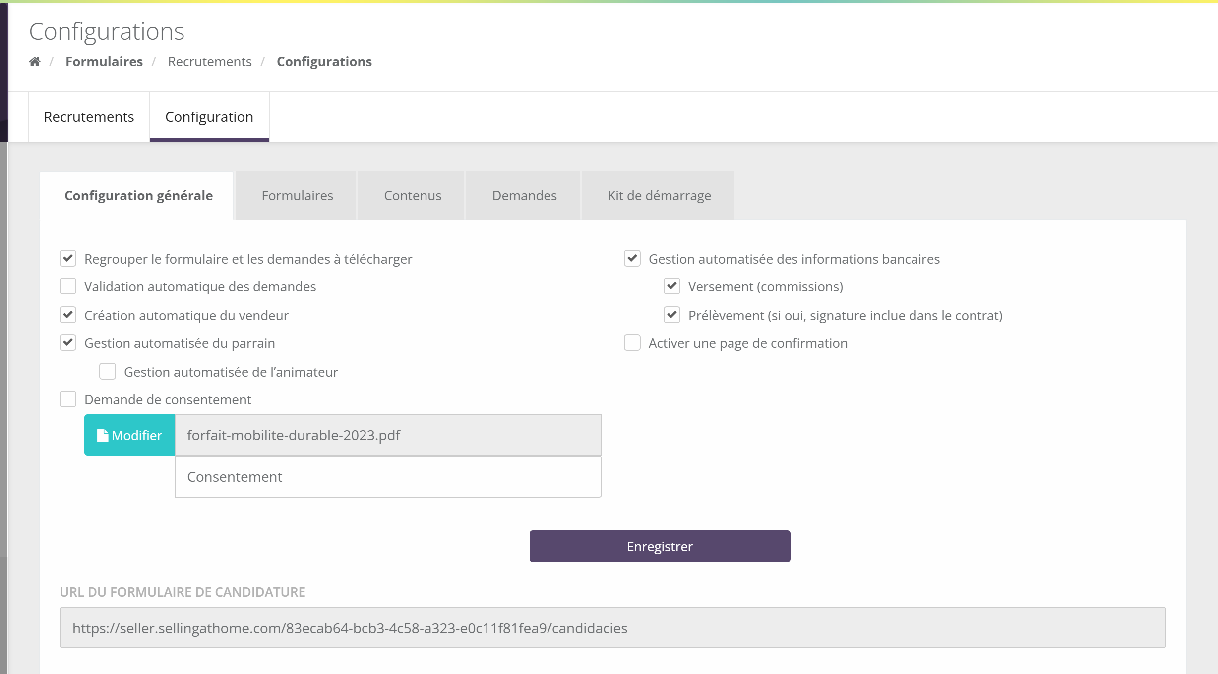 Onglet Configuration générale : cases Regrouper le formulaire et les demandes à télécharger, Validation automatique des demandes, Création automatique du vendeur, Gestion automatisée du parrain, Gestion automatisée de l'animateur, Demande de consentement avec fichier et texte de la case, Gestion automatisée des informations bancaires avec Versement et Prélèvement, Activer une page de confirmation
