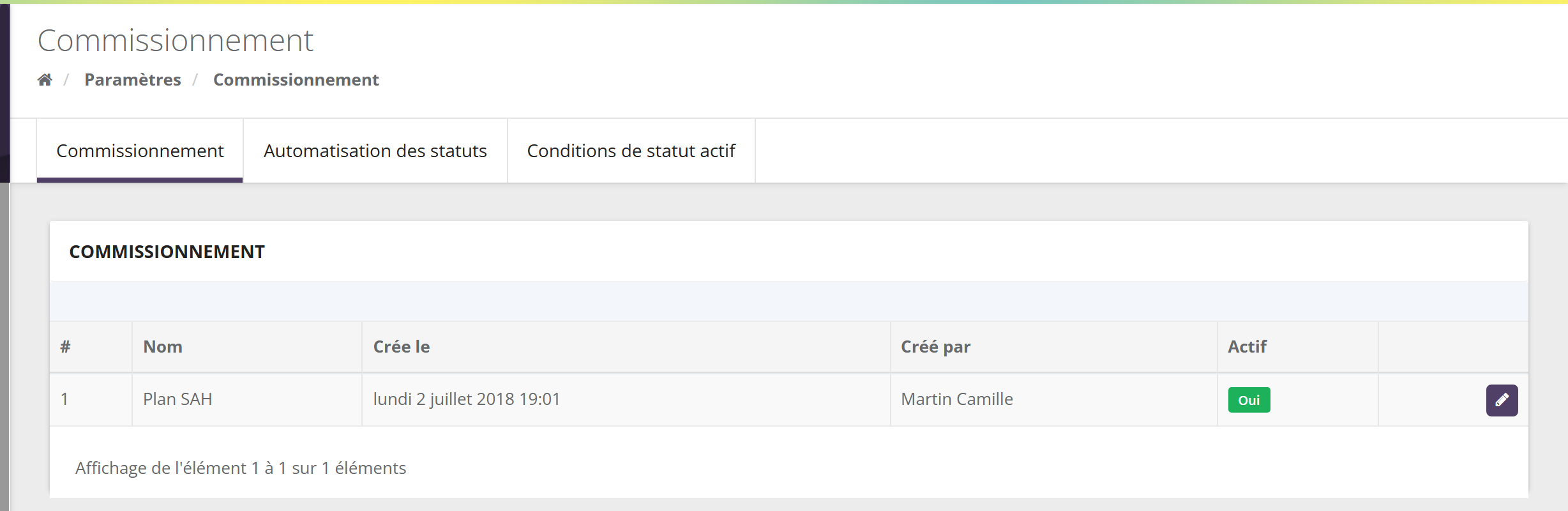 Écran Commissionnement : onglets Commissionnement, Automatisation des statuts et Conditions de statut actif ; tableau avec les colonnes #, Nom, Crée le, Créé par, Actif et un bouton crayon pour modifier le plan