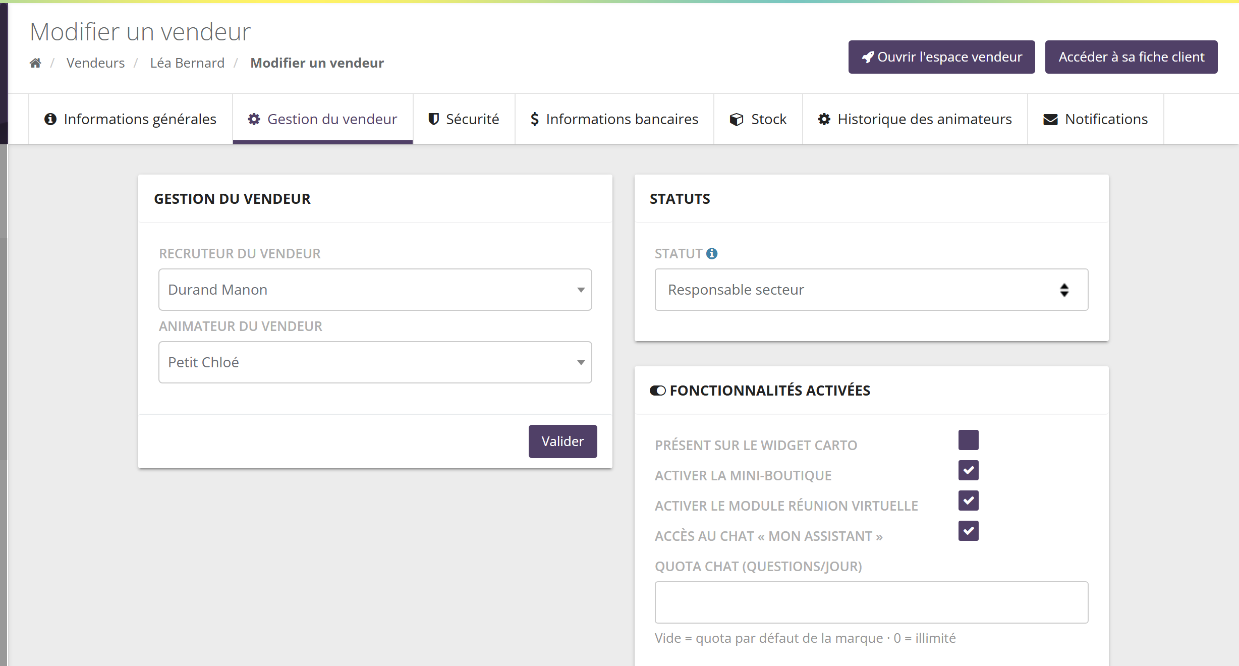Onglet Gestion du vendeur : Recruteur du vendeur, Animateur du vendeur, bouton Valider ; Statuts : Statut ; Fonctionnalités activées : Présent sur le widget carto, Activer la mini-boutique, Activer le module réunion virtuelle, Accès au chat Mon assistant, Quota chat