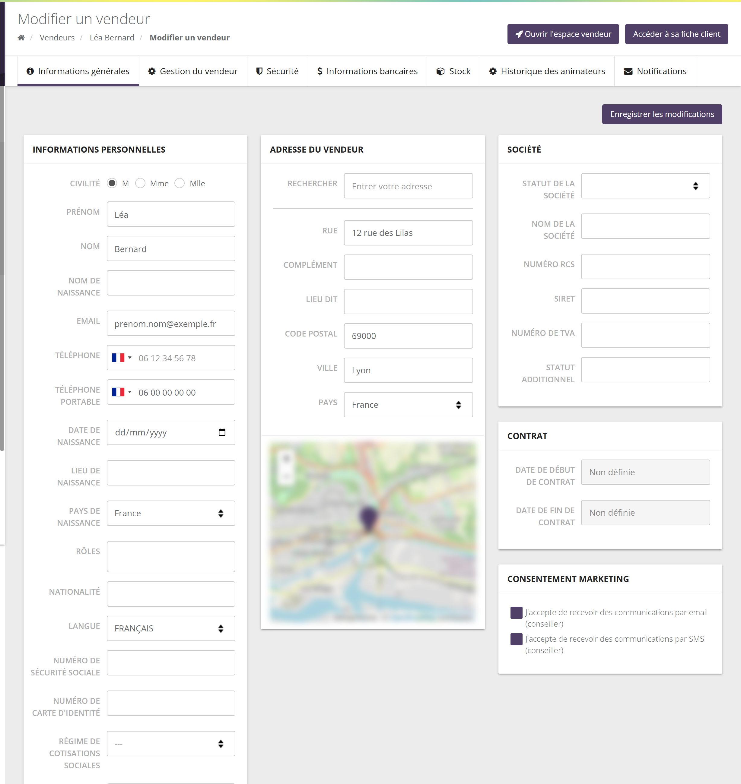Onglet Informations générales : Informations personnelles (civilité, prénom, nom, email, téléphones, naissance, rôles, nationalité, langue, sécurité sociale, régime de cotisations), Adresse du vendeur avec carte, Société, Contrat, Consentement marketing