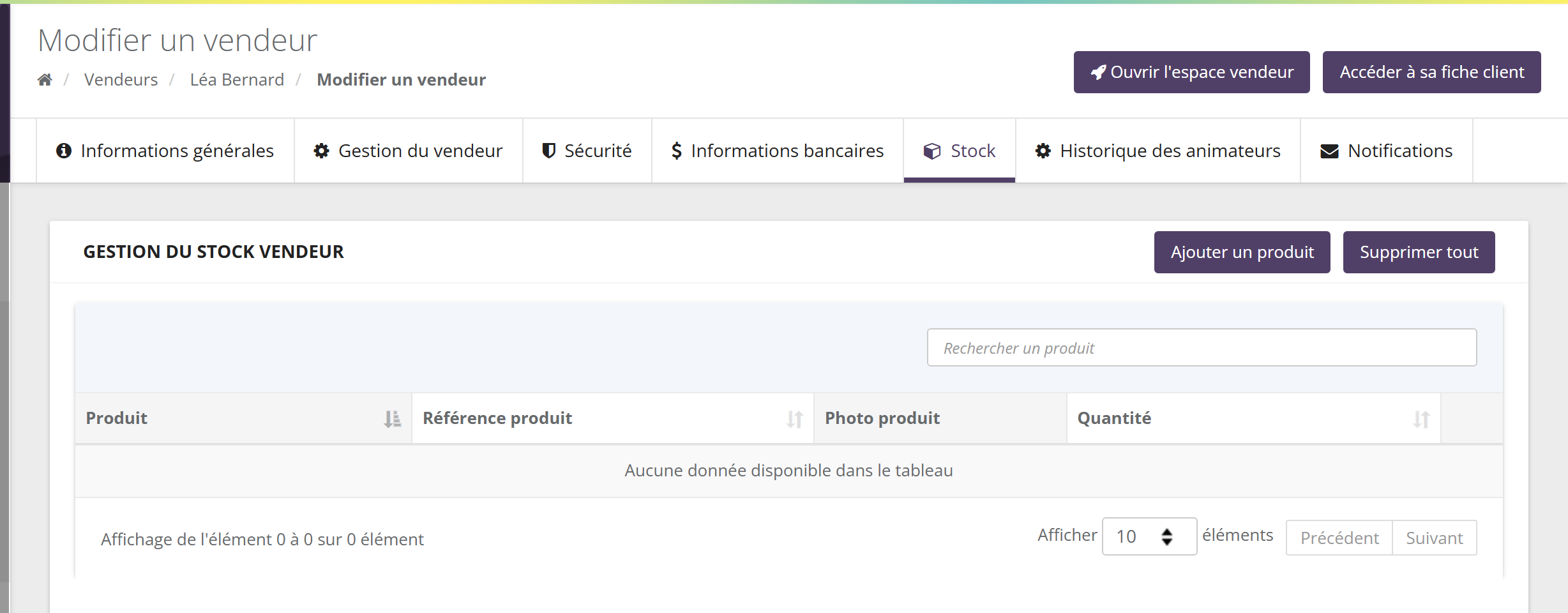 Onglet Stock de la fiche : Gestion du stock vendeur, boutons Ajouter un produit et Supprimer tout, recherche, colonnes Produit, Référence produit, Photo produit, Quantité