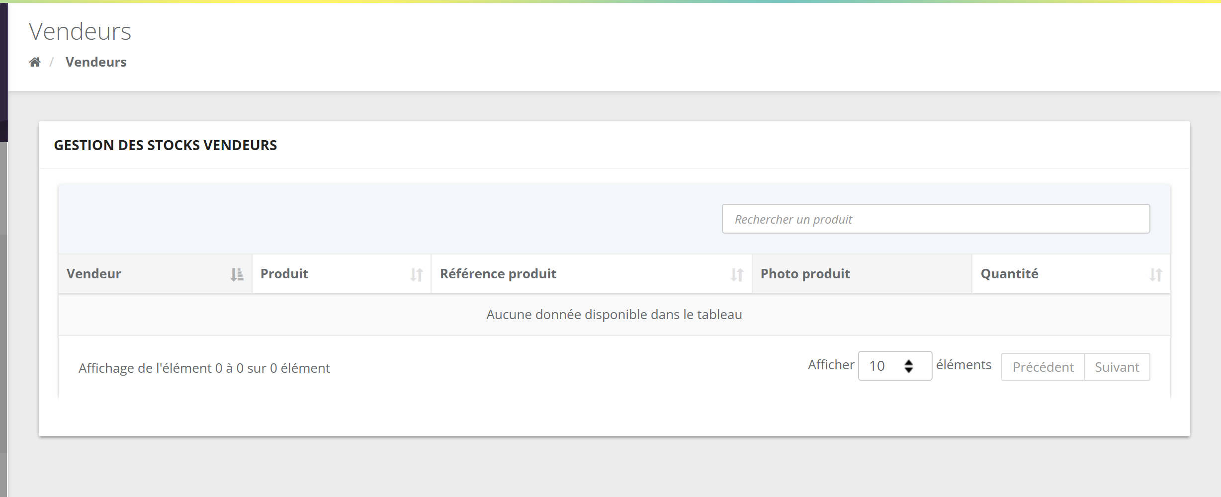 Gestion des stocks vendeurs : recherche d'un produit, colonnes Vendeur, Produit, Référence produit, Photo produit, Quantité