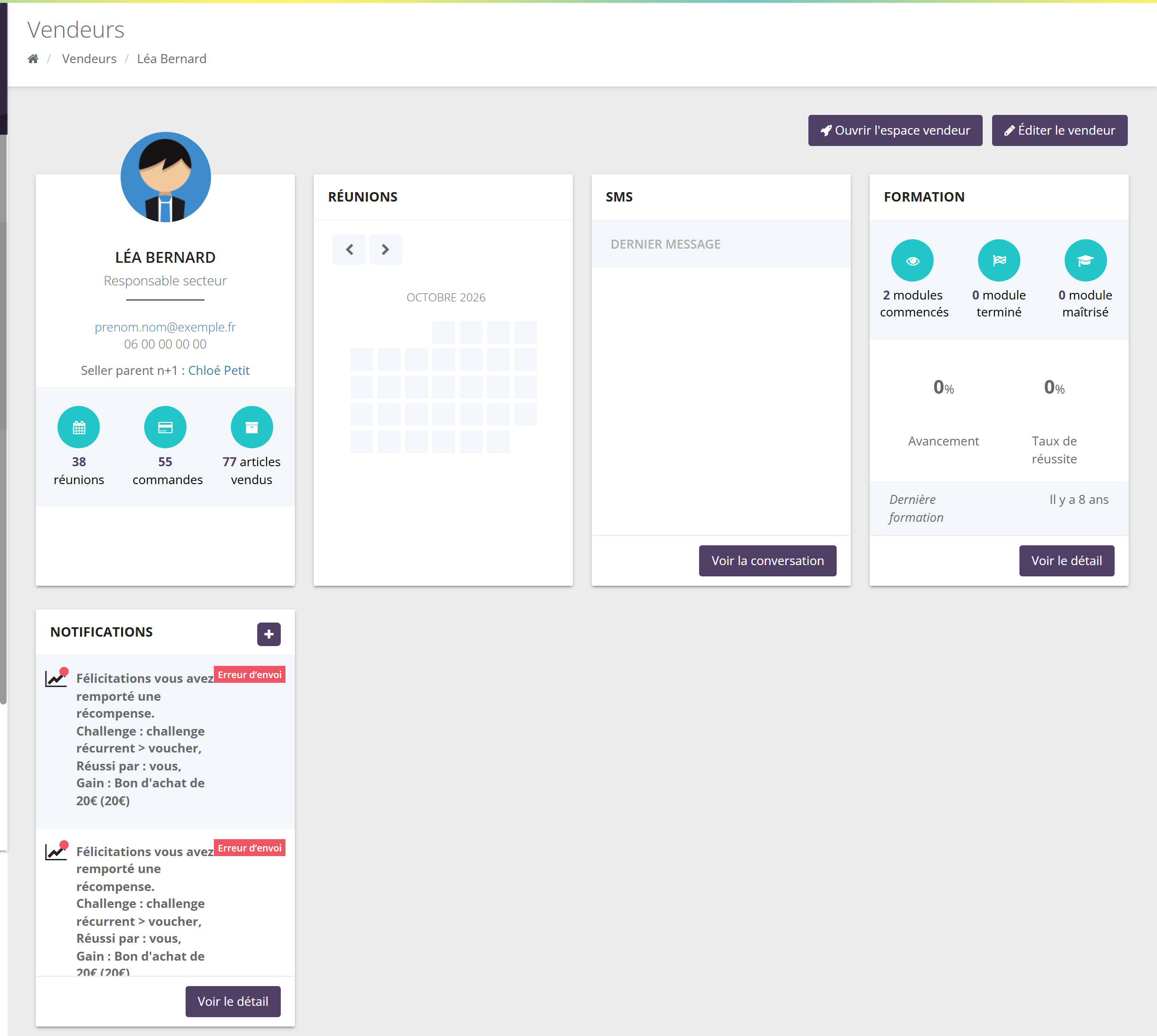 Fiche d'une conseillère : carte profil avec statut, email, téléphone, animatrice n+1, nombre de réunions, de commandes et d'articles vendus ; cartes Réunions (calendrier), SMS, Formation et Notifications ; boutons Ouvrir l'espace vendeur et Éditer le vendeur