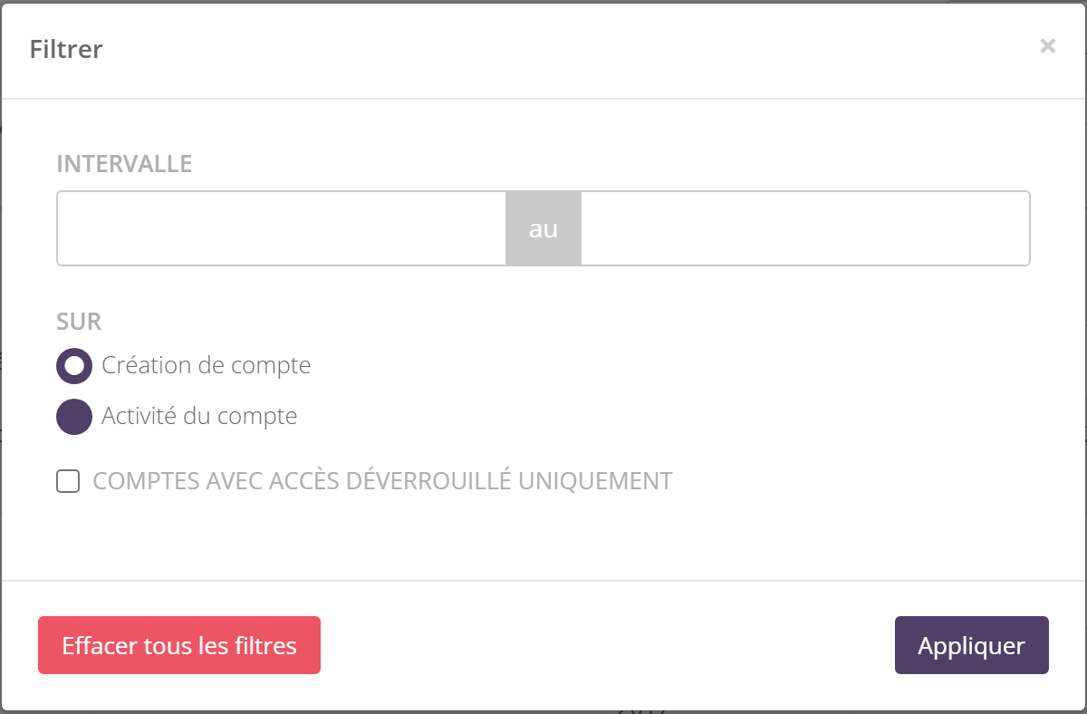 Fenêtre Filtrer : Intervalle de dates, sur Création de compte ou Activité du compte, case Comptes avec accès déverrouillé uniquement, boutons Effacer tous les filtres et Appliquer