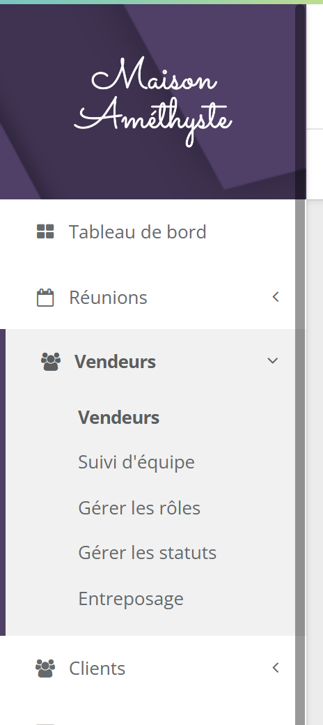 Menu Vendeurs ouvert : Vendeurs, Suivi d'équipe, Gérer les rôles, Gérer les statuts, Entreposage
